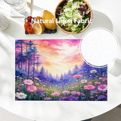 Batmerry Forest Flowers Sunset Linen Placemats Set of 8, Beautiful Forest Sunset Scene Washable Table Mats for Kitchen Table Thickened Heat Insulation Dining Set Indoor Outdoor 12X18 in