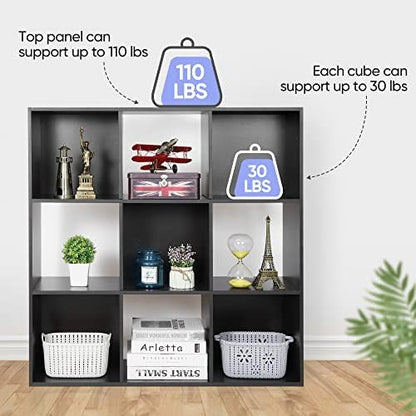 SUPER DEAL 9 Cube Open Shelf Bookcase 3 Tier Bookshelf Wood Cabinet Storage Organizer Display Shelves with 5 Removable Back Panels for Home, Office, Bedroom, Living Room, Black