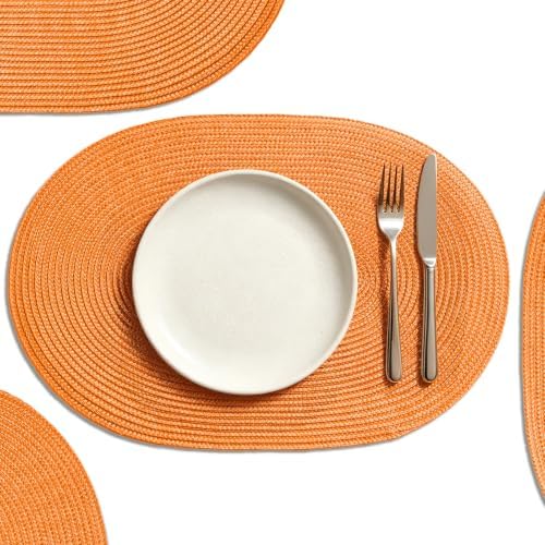AHHFSMEI Placemats Set of 4 for Dining Table Washable Woven Non-Slip 18x12 inches Placemat Heat-Resistant Durable Table Mats for Dining Table Easy to Clean (Oval Orange, 4)