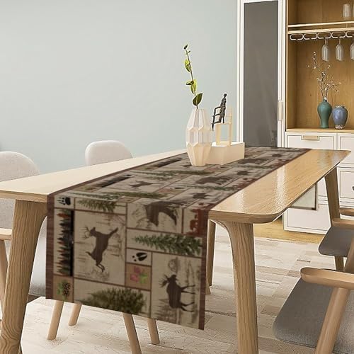 Rustic Moose Deer Bear Table Runner, Retro Vintage Bear Cottage Country Style Cabin Farmhouse Dinner Runner for Home Kitchen Dining Table Decoration 13x90inch