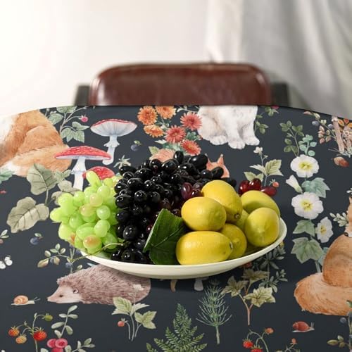 Watercolor Forest Tablecloth, Rustic Woodland Animals Squirrel Rabbit Fox Wild Flower Mushroom Leaves Print Table Cloth Cover for Kitchen Dining Indoor Outdoor Decor 55x75in