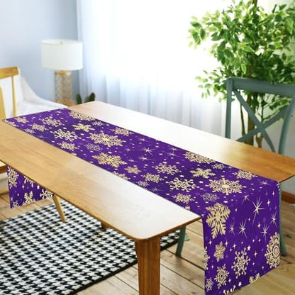 ALAZA Double-Sided Winter Violet Purple with Gold Snowflakes Christmas Table Runner 14x108 Inches Long,Table Cloth Runner for Wedding Birthday Party Kitchen Dining Home Everyday Decor