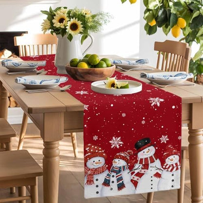 Christmas Snowman Red Table Runner Dresser Scarf 13 x 72 Inch Cute Xmas Snowman Snowflakes Winter Table Runners Non-Slip Heat Resistant Kitchen Dining Table Decor for Home Holidays Indoor Outdoor