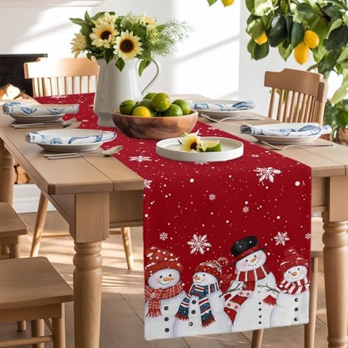 Christmas Snowman Red Table Runner Dresser Scarf 13 x 108 Inch Cute Xmas Snowman Snowflakes Winter Table Runners Non-Slip Heat Resistant Kitchen Dining Table Decor for Home Holidays Indoor Outdoor