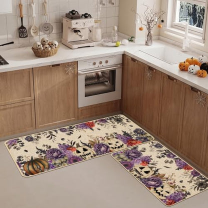 Baccessor Halloween Kitchen Rugs Set of 2, Purple Flowers Spooky Pumpkin Kitchen Mats Low-Profile Non Slip Washable Rugs for Floor Home Decor 17x29 and 17x47 Inch