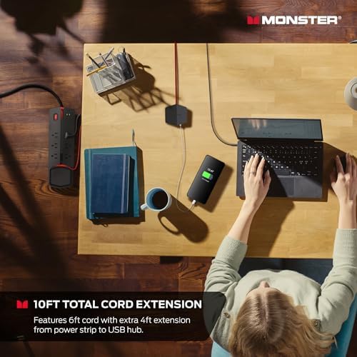 Monster Power Center Vertex Surge Protector with Detachable USB Power Strip, Surge Protector Power Strip - 6 AC Outlets, 2 USB-A Ports &1 USB-C Port