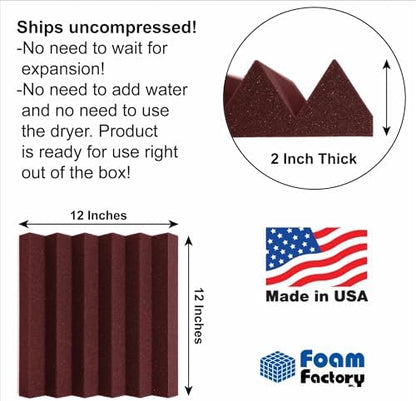 Foam Factory Inc 24 Pack Color Acoustic Foam Panel Studio Soundproofing Wedge Wall Tiles 12” X 12” X 2” (Burgundy)