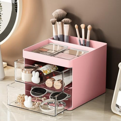 Marbrasse Small Desk Organizer with Drawer, Multi-Functional Pen Pencil Holder Storage Box, Desk Organizers and Accessories with 3 Compartments + 2 Drawer for Office Art Supplies(Pink)