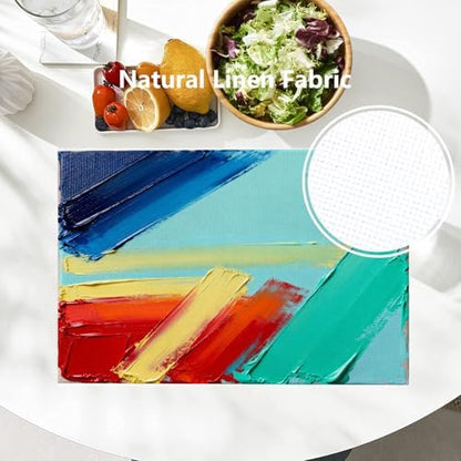 Batmerry Abstract Art Painting Linen Placemats Set of 8, Modern Colorful Texture Artwork Blue Washable Table Mats for Kitchen Table Thickened Heat Insulation Dining Set Indoor Outdoor 12X18 in