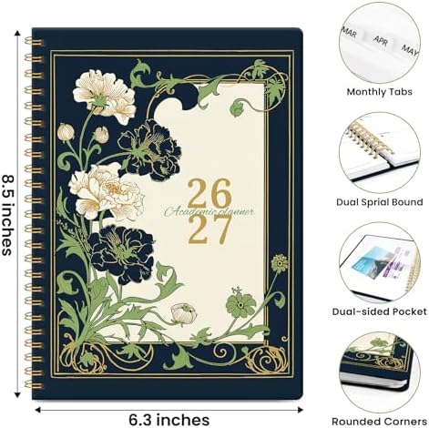 Planner 2026-2027, A5 (6.3" x 8.5") Hardcover Weekly & Monthly Planner July 2026 - June 2027 with Monthly Tabs, Academic Planner for School, Work and Office, Floral Dream