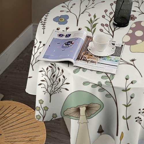 Mushroom Tablecloth, Boho Floral Rustic Wildflower Herbs Plants Colorful Botanical Green Leaves Print Table Cloth for Kitchen Dining Picnic Party Restaurant Decoration, 36x36in