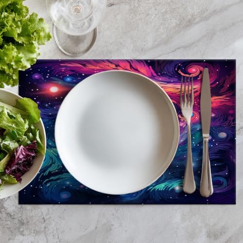 Batmerry Cosmic Swirls Stars Linen Placemats Set of 6, A Colorful Cosmic Scene Washable Table Mats for Kitchen Table Thickened Heat Insulation Dining Set Indoor Outdoor 12X18 in
