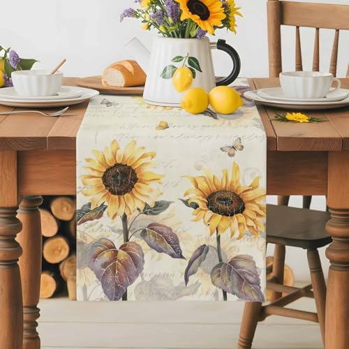 Farmhouse Sunflower Table Runner Dresser Scarf 13 x 108 Inch Vintage Yellow Flower Butterfly Botanical Table Runners Non-Slip Heat Resistant Kitchen Dining Table Decor for Home Holidays Indoor Outdoor