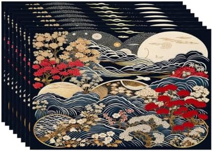 Batmerry Flowers Waves Placemats, Beautiful Nature Scene with Moon Washable Linen Table Mats for Kitchen Table Double Insulation Decor Dining Set Indoor Outdoor 12X18 in Set of 8