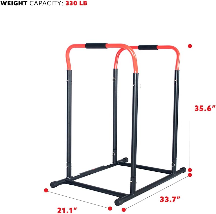 Sunny Health & Fitness Power Tower, Dip Bar, Push-Up & Pull Up Assisting Parallette Station w Optional Rock Climbing Grip Trainer