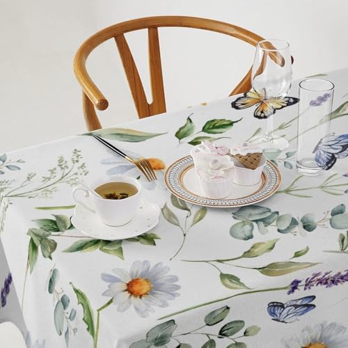 Watercolor Wildflowers Tablecloth, Summer Daisy Lavender Eucalyptus Branches Leaves Print Table Cover for Tea Party Weddings Indoor Outdoor Dining 60x110in
