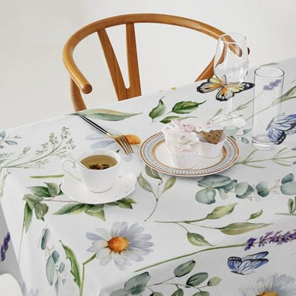 Watercolor Wildflowers Tablecloth, Summer Daisy Lavender Eucalyptus Branches Leaves Print Table Cover for Tea Party Weddings Indoor Outdoor Dining 60x110in
