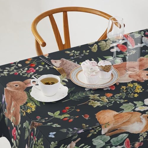 Watercolor Forest Tablecloth, Rustic Woodland Animals Squirrel Rabbit Fox Wild Flower Mushroom Leaves Print Table Cloth Cover for Kitchen Dining Indoor Outdoor Decor 55x75in