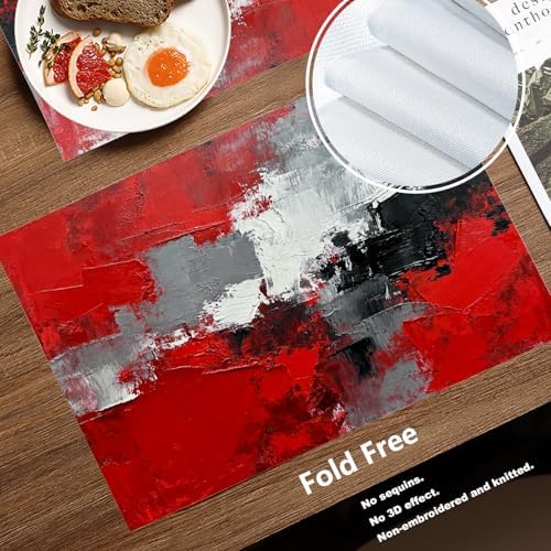 Batmerry Abstract Oil Painting Linen Placemats Set of 6, Art Red Grey Scarlet Modern Artwork Washable Table Mats for Kitchen Table Thickened Heat Insulation Dining Set Indoor Outdoor 12X18 in