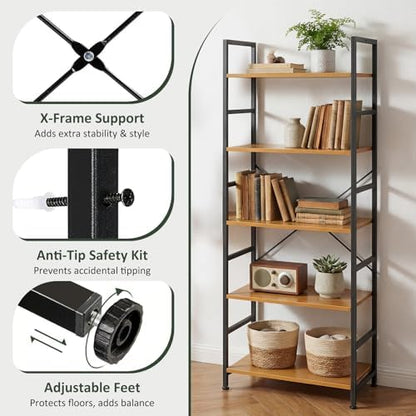 5 Tier Bookshelf, Free Standing Bookcase with Open Storage Shelves
