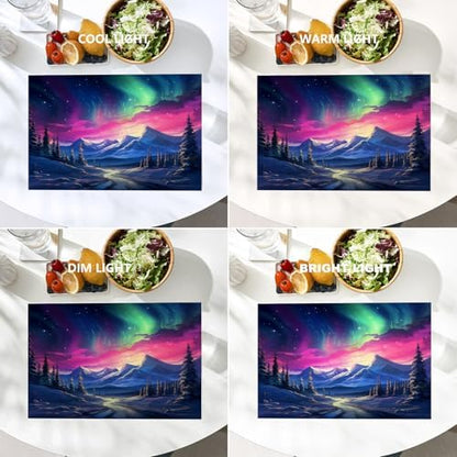Batmerry Winter New Year Linen Placemats Set of 4, Auroras Pink Skies Snowy Mountains Washable Table Mats for Kitchen Table Thickened Heat Insulation Dining Set Indoor Outdoor 12X18 in