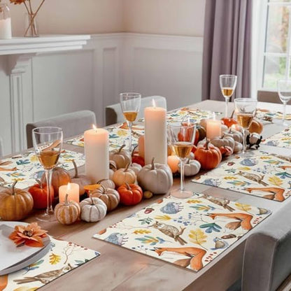 Fall Placemats Set of 4, Autumn Animal Place Mats Owl Bird Fox Leaves Tablemats Harvest Thanksgiving Placemat Table Decoration for Kitchen Table Holiday Dinner Party Autumn Home Decor