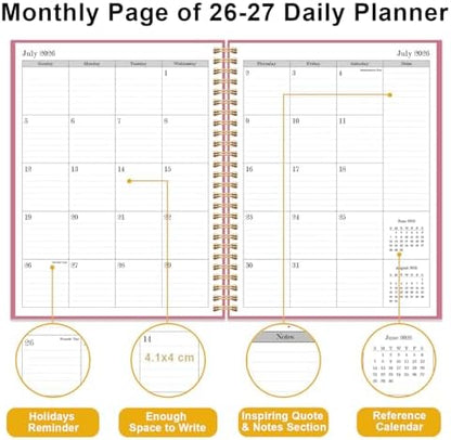 Daily Planner 2026-2027 - July 2026 to June 2027, 7" x 10", Pink