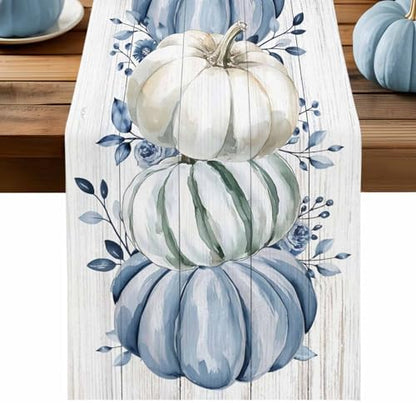Fall Table Runner Blue Pumpkin Table Runners Harvest Thanksgiving White Blue Pumpkins Wooden Cotton Linen Dresser Scarf Kitchen Dining Table Decor for Autumn Holiday Party Coffee 13x48 Inch