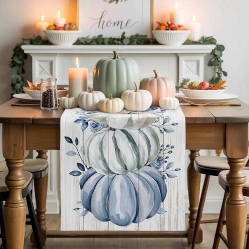 Fall Table Runner Blue Pumpkin Table Runners Harvest Thanksgiving White Blue Pumpkins Wooden Cotton Linen Dresser Scarf Kitchen Dining Table Decor for Autumn Holiday Party Coffee 13x72 Inch