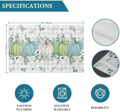 Fall Thanksgiving Placemats Set of 6, Autumn Pumpkins Eucalyptus Leaves Heat Resistant Dining Table Mats Fall Holiday Farmhouse Decor for Kitchen&Linens Outdoor Indoor, White Blue Green Gray Plaid