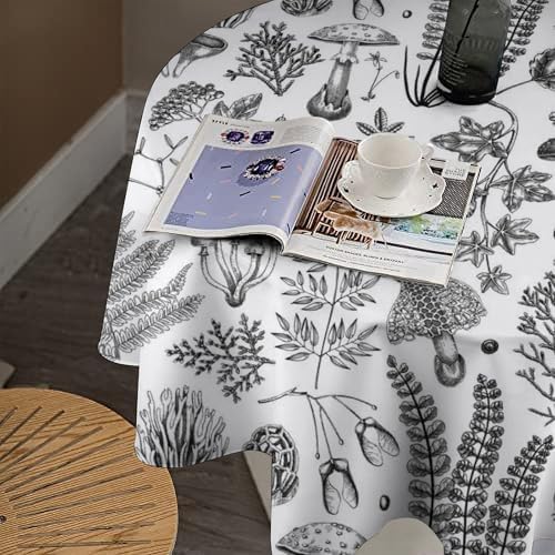 Vintage Mushroom Tablecloth, Black White Nature Forest Fern Leaves Autumn Plants Botanical Print Table Cover for Home Dining Decor Kitchen Party Outdoor, 50x50in