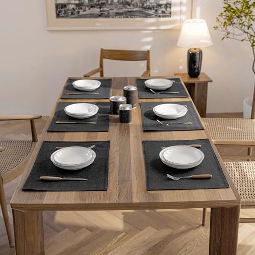 Demetex Cloth Placemats Set of 6 Black Stain Resistant Place Mats Oil Proof Washable Plate Mats for Dining Table Holiday Cafe Banquet, Black