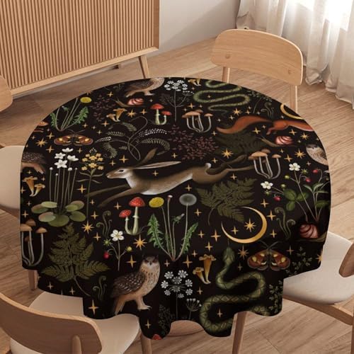 Rustic Forest Tablecloth, Fairy Tale Forest Woodland Wild Animals Moths Flowers Moon Star Table Cover for Home Kitchen Dining Table Party Camping Decor, 36x36in
