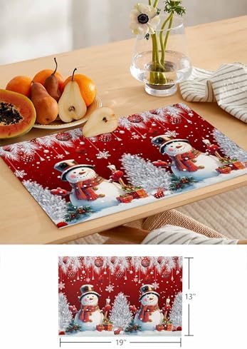 Christmas Red Placemats Set of 4, Cotton Linen Snowflake Cute Snowman Table Mats Non-Slip Washable Xmas Tree Red Christmas Balls Ornaments Placemat for Xmas Dining Kitchen Table Decor