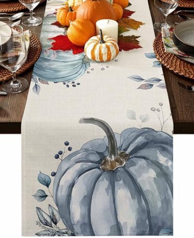 Fall Pumpkin Table Runner Dresser Scarf 13 x 72 Inch White Blue Leaves Rustic Table Runners Non-Slip Heat Resistant Kitchen Dining Table Decor for Autumn Thanksgiving Holidays Indoor Outdoor