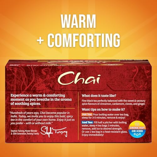 Twinings Chai Black Tea Individually Wrapped Bags, 50 Count (Pack of 6), Sweet, Savoury Spices, Caffeinated, Enjoy Hot or Iced, 300 Teabags