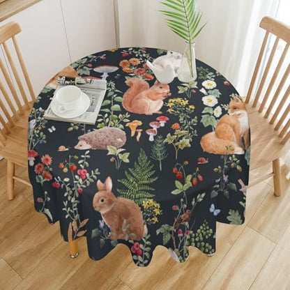 Watercolor Forest Tablecloth, Rustic Woodland Animals Squirrel Rabbit Fox Wild Flower Mushroom Leaves Print Table Cloth Cover for Kitchen Dining Indoor Outdoor Decor, 36x36in