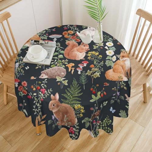 Watercolor Forest Tablecloth, Rustic Woodland Animals Squirrel Rabbit Fox Wild Flower Mushroom Leaves Print Table Cloth Cover for Kitchen Dining Indoor Outdoor Decor, 60x60in