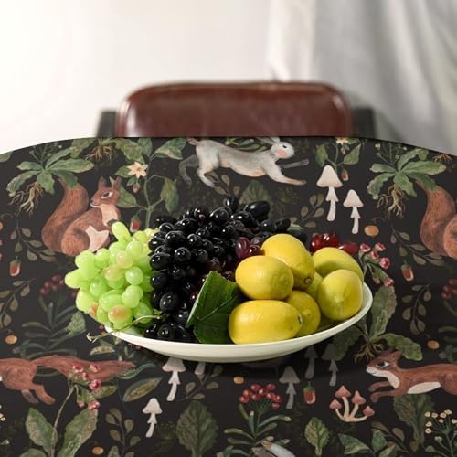 Cartoon Woodland Tablecloth, Watercolor Rustic Forest Wild Animals Bunny Rabbit Squirrel Mushroom Plants Print Table Cloth for Indoor Outdoor Dining Table Party Picnic Decor 60x90in