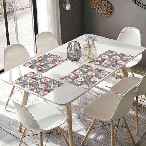 Grey Christmas Placemats Set of 4, Santa Claus Merry Christmas Tree Heat Resistant Washable Table Place Mats Winter Snowflake Cotton Table Linens Party Holiday Decor for Kitchen Dining Outdoor Indoor