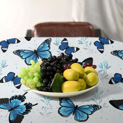 Blue Flying Butterfly Tablecloth, Vintage Celestial Butterfly Herbs Leaves Flower Print Table Cloth for Farmhouse Kitchen Party Picnic Dinner Decor 55x55in