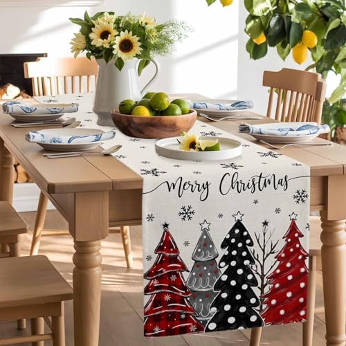 Red Black Christmas Tree Table Runner Dresser Scarf 13 x 60 Inch Polka Dots Xmas Tree Snowflake Linen Table Runners Non-Slip Heat Resistant Kitchen Dining Table Decor for Home Holidays Indoor Outdoor