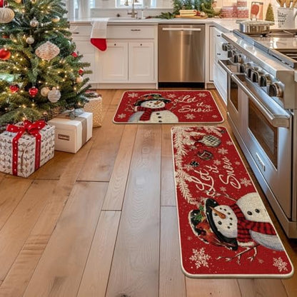 Artoid Mode Snowman Let It Snow Snowflake Christmas Kitchen Mats Set of 2, Winter Home Decor Low-Profile Kitchen Rugs for Floor - 24x35 and 24x59 Inch