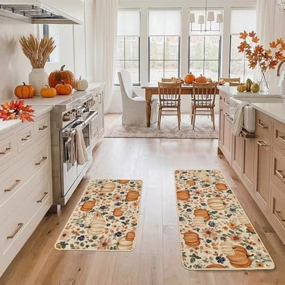 Baccessor Pumpkin Fall Kitchen Mats Set of 2, Vintage Kitchen Rugs for Floor Low-Profile Fall Thanksgiving Home Decor 17x29 and 17x47 Inch