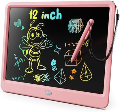 KOKODI LCD Writing Tablet, 12 Inch Colorful Toddler Doodle Board Drawing Tablet, Erasable Reusable Electronic Drawing Pads, Educational and Learning Toy for 3-6 Years Old Boy and Girls(Pink)