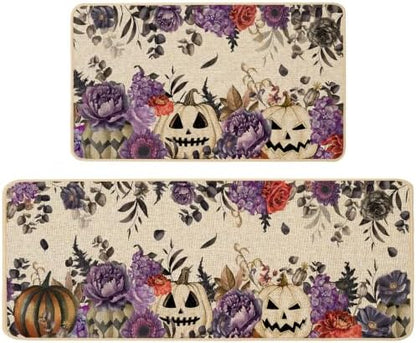 Baccessor Halloween Kitchen Rugs Set of 2, Purple Flowers Spooky Pumpkin Kitchen Mats Low-Profile Non Slip Washable Rugs for Floor Home Decor 17x29 and 17x47 Inch