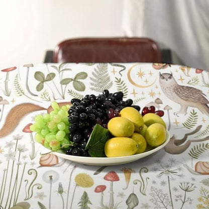 Country Forest Tablecloth, Wild Animal Hare Squirrel Owl Snake Snail Flowers Mushroom Table Cover for Tea Party Weddings Indoor Outdoor Dining 60x90in