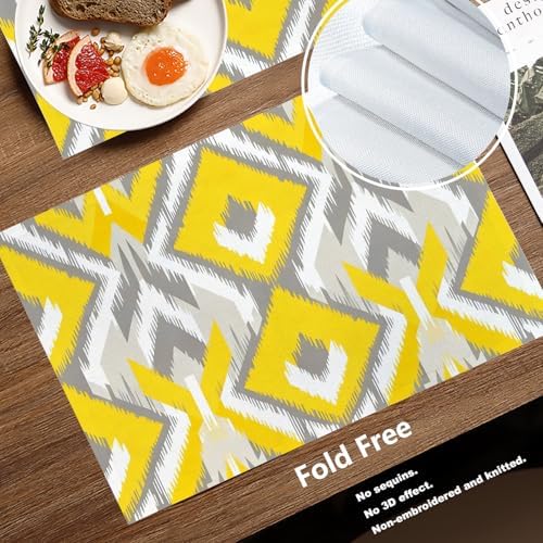 Batmerry Yellow and Gray Retro Ikat Pattern Linen Placemats Set of 6, Geometric Washable Table Mats for Kitchen Table Thickened Heat Insulation Dining Set Indoor Outdoor 12X18 in