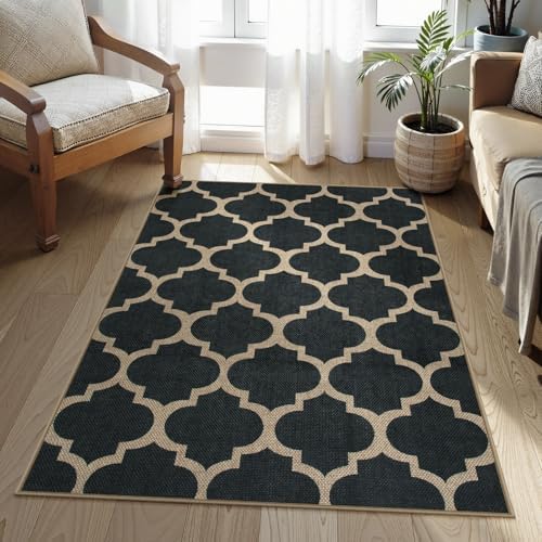 Lahome Moroccan 3x5 Outdoor Rug, Easy Jute Black Washable Rug for Entryway Front Porch, Geometric Trellis Woven Non Slip Door Mat for Entrance, Thin Non Shedding Farmhouse Throw Rugs for Balcony