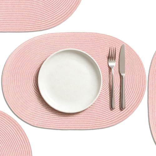 AHHFSMEI Placemats Set of 6 for Dining Table Washable Woven Non-Slip 18x12 inches Placemat Heat-Resistant Durable Table Mats for Dining Table Easy to Clean(Pink)